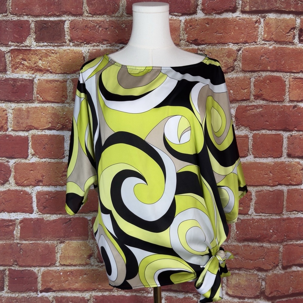 Michael Kors Size‎ S Tie Waist Lemon Green Beige Cream Floral Top Blouse Women